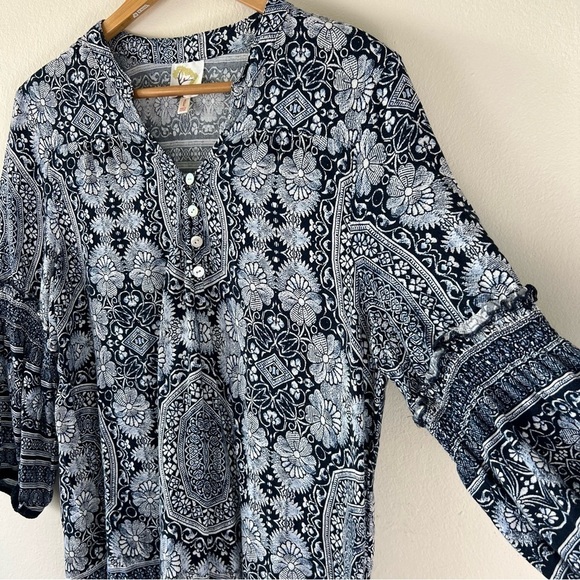 Anthropologie Fig & Flower Bohemian Rayon Balloon Sleeve Tunic Blouse L - Picture 7 of 13